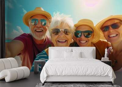 Happy elderly people taking selfie at beach,resort and holiday,joyful and happy moments in summer. Wall mural