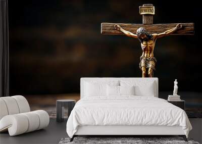 Wooden cross stands on grass in field,copy space,banner,symbolizing Jesus' death and resurrection. Wall mural