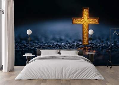 Wooden cross stands on grass in field,copy space,banner,symbolizing Jesus' death and resurrection. Wall mural