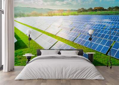 aerial view of solar photovoltaic panels on a sunny day with a blue sky Wall mural