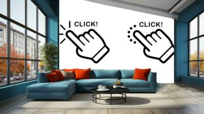 Click here icon set in line style. Hand click, Hand clicking, finger, Touch screen, pointer, cursor, gesture, mouse press push simple black style symbol sign for apps and website, vector illustration. Wall mural