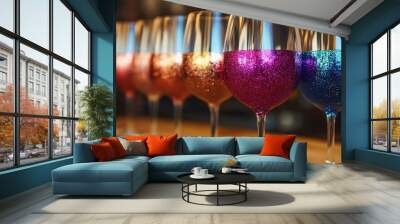 Colorful Glitter Wine Glasses in a Row on Wooden Bar Wall mural