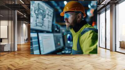 Industrial Engineer in Hard Hat Working at Computer in Factory Wall mural