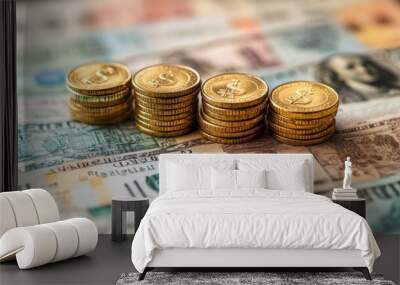 Stacks of Gold Coins on Various Currency Banknotes Wall mural