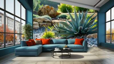 Succulent plants in a rock garden. Landscape design photography with copy space Wall mural