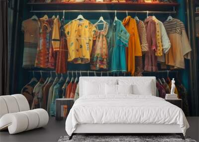 Vibrant Clothing Rack Display in Boutique Shop Wall mural