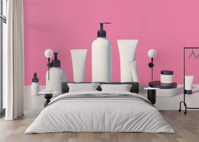 3d render mockup of cosmetic bundle for skin hair care. White plastic bottles and tubes with black caps in row on bright millenial pink backdrop. Branding identity template. Wall mural