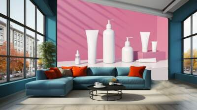 3d render of cosmetic bundle for skin hair care. White plastic package in row on bright millenial pink background. Sunny still life beauty branding set with fern shadows. Salon products mock up. Wall mural