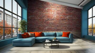 empty old grungy room with red brick wall and wooden floor. 3d rendering Wall mural