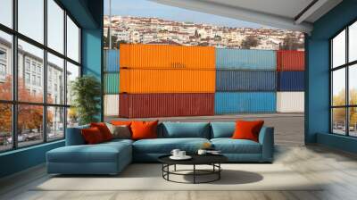 Containers waiting to transfer in a port Wall mural