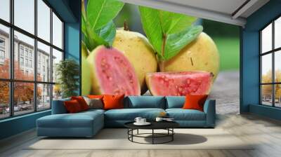 Red guava and green leaves on bokeh background. Tropical fruit concept Wall mural