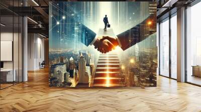 Double exposure image blending two themes, a business handshake with elements of a modern cityscape and a silhouette of a businessman climbing the stairs of success Wall mural