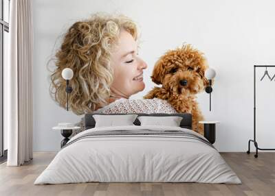 Adorable toy poodle puppy in arms of its loving owner. Small adorable doggy with funny curly fur with adult woman. Close up, copy space. Wall mural