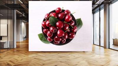 Bunch of fresh organic sweet cherries on textured background. Clean eating concept. Healthy nutritious vegan snack, raw diet. Close up, copy space, top view, flat lay. Wall mural