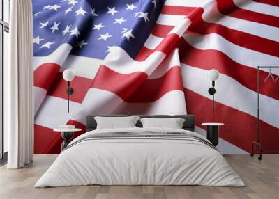 Close up of ruffled American flag. Patriots day, memorial weekend, veterans day, presidents day, independence day background. United States of America national stars and stripes symbol. Copy space. Wall mural