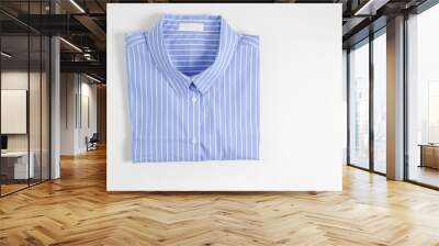 One perfectly folded buttoned shirt with striped pattern. Single piece of formal wear with blank label isolated on white background. Close up, top view, copy space. Wall mural