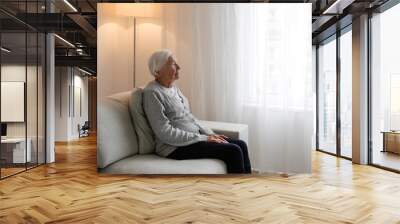 Portrait of elderly lady alone at home. Senior woman 86 years of age sitting on the couch by the window in her apartment. Background, copy space, close up. Wall mural