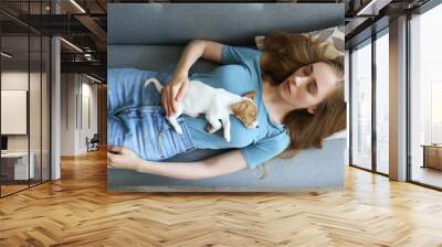 The cuttest two months old Jack Russel terrier puppy named Maisie sleeping on young woman's chest. Small adorable doggy w/ funny fur stains resting with owner on couch. Close up, copy space background Wall mural