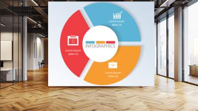 Circular infographics of 3 steps, segments for annual reports, charts, presentations, workflow layout, banner, number options, step up options, web design with symbols and space for text Wall mural