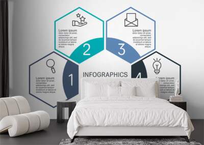 Flat line vector illustration. Infographic template with four elements, hexagons. Designed for business, presentations, web design, diagrams, educational, training with 4 steps Wall mural