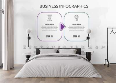 Line cards with two steps, arrows. Rectangular infographic. Frames timeline data vector template. Minimal design for diagram, business, web, banner, flowchart, content, levels, chart Wall mural