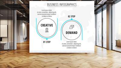 Line vector minimal infographic with circles. Modern timeline business concept with 2 steps by step for diagram, chart, flowchart, levels, graphic, app, web Wall mural