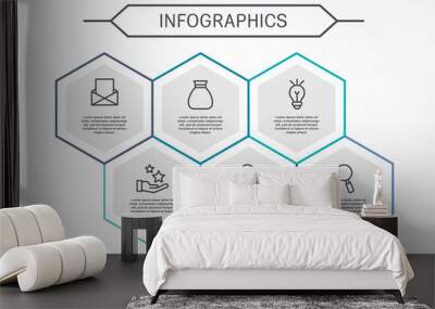 Modern vector illustration 3D. Infographic template with six hexagon elements. Designed for business, presentations, web design, diagrams with 6 steps for workflow layout, annual report Wall mural