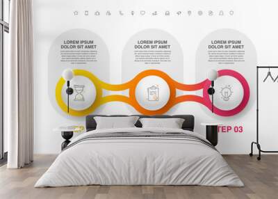 Vector flat infographic template with three circles, elements, sectors. Modern designed for business, presentations, timeline, web design, banner, levels, chart, interface 3 step diagrams Wall mural