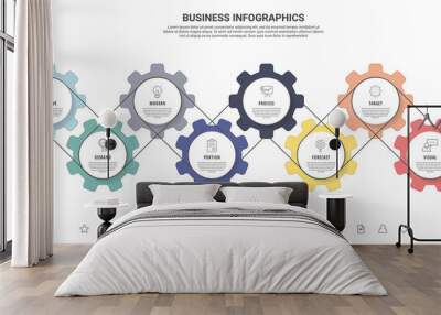 Vector infographic gears with eight steps. Modern timeline with cogwheels for business concept, chart, diagram, web, banner, presentations, flowchart, levels Wall mural