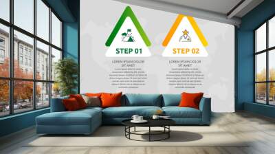 Vector infographic template with triangles and two arrows. Business geometric concept with 2 options, parts, steps. Used as timeline, workflow, presentation, diagram, flyers, banner, chart Wall mural