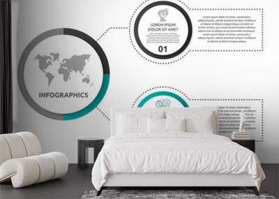 Vector infographic with main circle and 2 labels. Circles with icons for two diagrams, graph, flowchart, timeline, marketing, presentation. Creative business concept Wall mural