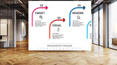 Vector infographics with seven arrows and icons. Modern concept graphic process template with 7 steps and symbols. Simple sketch timeline for the business project Wall mural