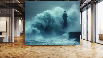 A photograph capturing a lone lighthouse standing against a colossal blue wave. The sky and ocean blend into a surreal blue landscape. Ai generative Wall mural