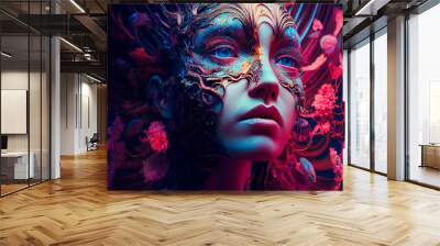  Beautiful woman surreal portrait with flowers and butterflies.  Generative AI. Wall mural