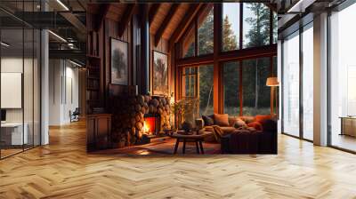  Chalet Cozy Interior  and Fireplace.  Modern Cottage Living Room Decor with Wood Wall and Furniture. Rustic Home Design.  Generative AI. Wall mural