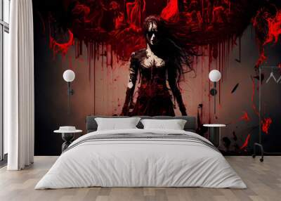 A bloody demoness.  Scary zombie. Halloween monster.  Ghost woman.  Generative AI. Wall mural