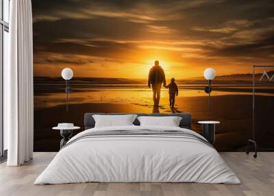 A father and son walk hand in hand along a beach. AI Generated Wall mural