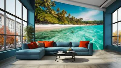 Beautiful beach with palms and turquoise sea. AI Generated Wall mural