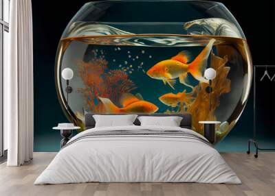 Beautiful fish in round glass aquarium.  Fish Swimming In Fishbowl. Generative AI. Wall mural