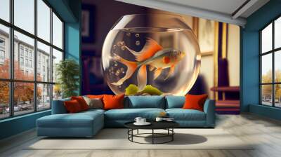 Beautiful fish in round glass aquarium.  Fish Swimming In Fishbowl. Generative AI. Wall mural