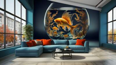 Beautiful fish in round glass aquarium.  Fish Swimming In Fishbowl. Generative AI. Wall mural