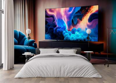 Big Tv In A Living Room.  Elegant living room with big tv screen.  Generative AI. Wall mural