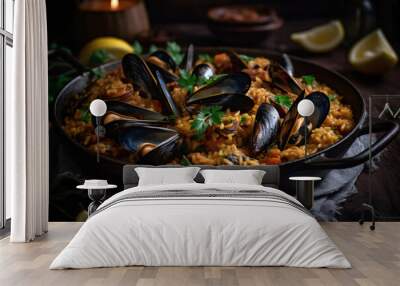 Delectable and savory seafood paella. AI Generated Wall mural