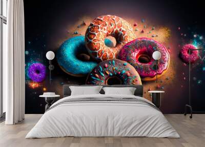 Flying donuts. Mix of multicolored doughnuts.  Image created with Generative AI technology. Wall mural