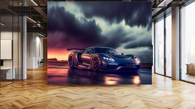 Futuristic sports car on drak dramatic cloudy environment.  car riding on high speed in the night.  Generative AI. Wall mural