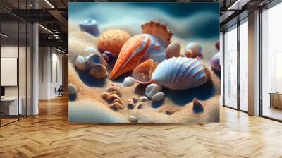 Mixed colorful sea shells.  Generative AI. Wall mural