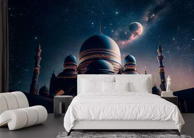 mosque building. night blue view of starry sky. muslim celebration. generative ai. Wall mural