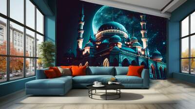 mosque building. night blue view of starry sky. muslim celebration. generative ai. Wall mural