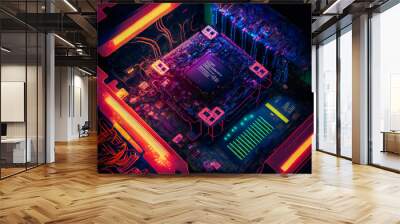 Multicoloured futuristic CPU and processor.  Image created with Generative AI technology. Wall mural