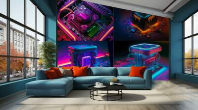 Multicoloured futuristic CPU and processor.  Image created with Generative AI technology. Wall mural